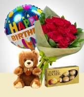 Da del Amor y la Amistad - Combo de Cumpleaos: Bouquet 12 Rosas, Oso, Chocolates, Globo Feliz Cumpleaos