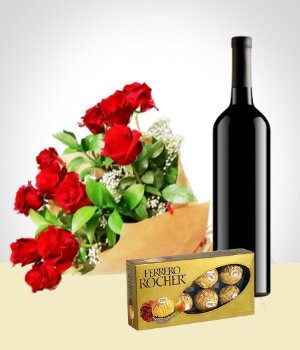 Flores a Colombia Combo Elegancia: Bouquet de 12 Rosas + Vino + Chocolates