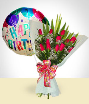 Flores a Colombia Combo de Cumpleaos: Bouquet de 12 Rosas + Globo Feliz Cumpleaos