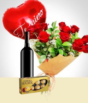 Flores a Colombia Combo Inspiracin: Bouquet de 12 Rosas + Globo + Vino + Chocolates
