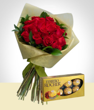 Flores a Colombia Deseos de Amor: Bouquet de 24 Rosas y Caja de Chocolates